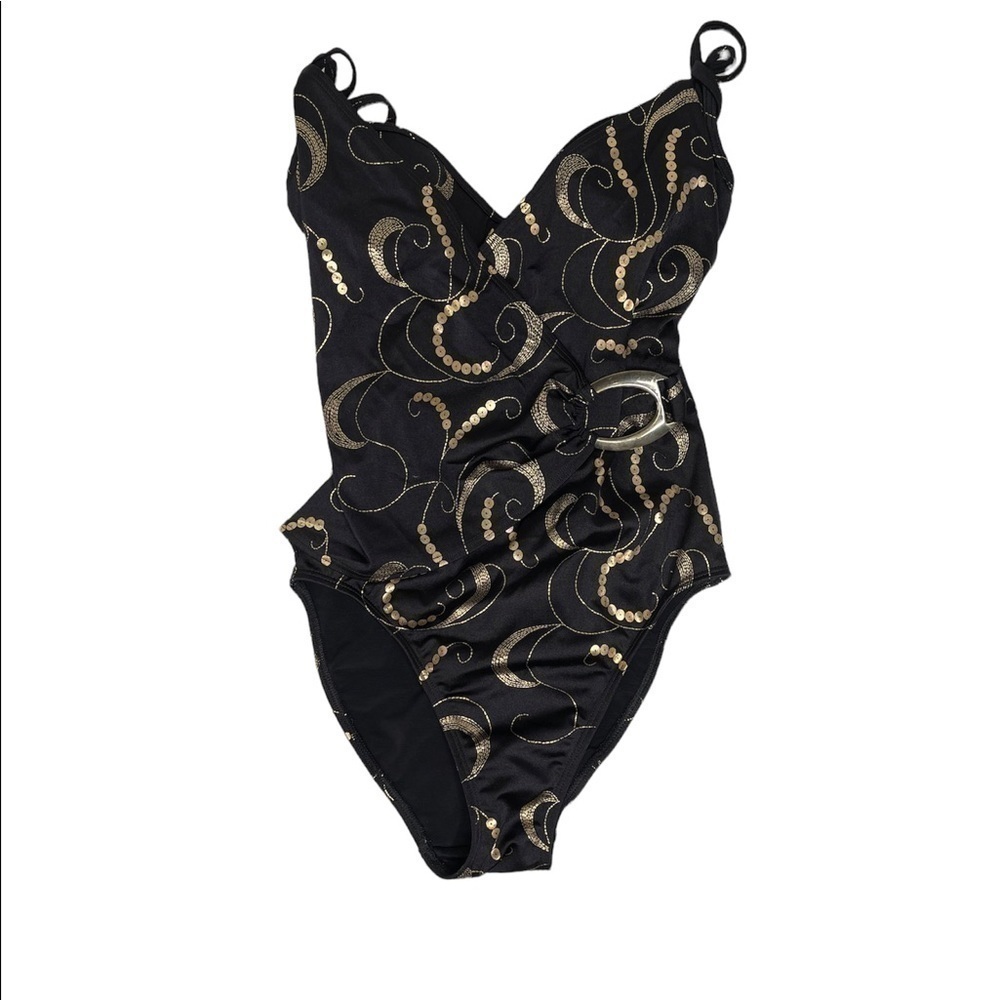 SHAPE FX One Piece Swimsuit Black and Gold Crossover with Gold Buckle Size 4